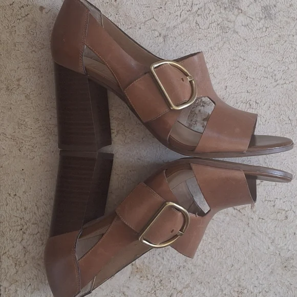 FRANCO SARTO "Mirabel" Leather Cognac Brown Gold Buckle Block Heels - Size 7 - Picture 4 of 8